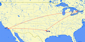 Map showing approximate route of LAX-DFW-YYZ_LAX