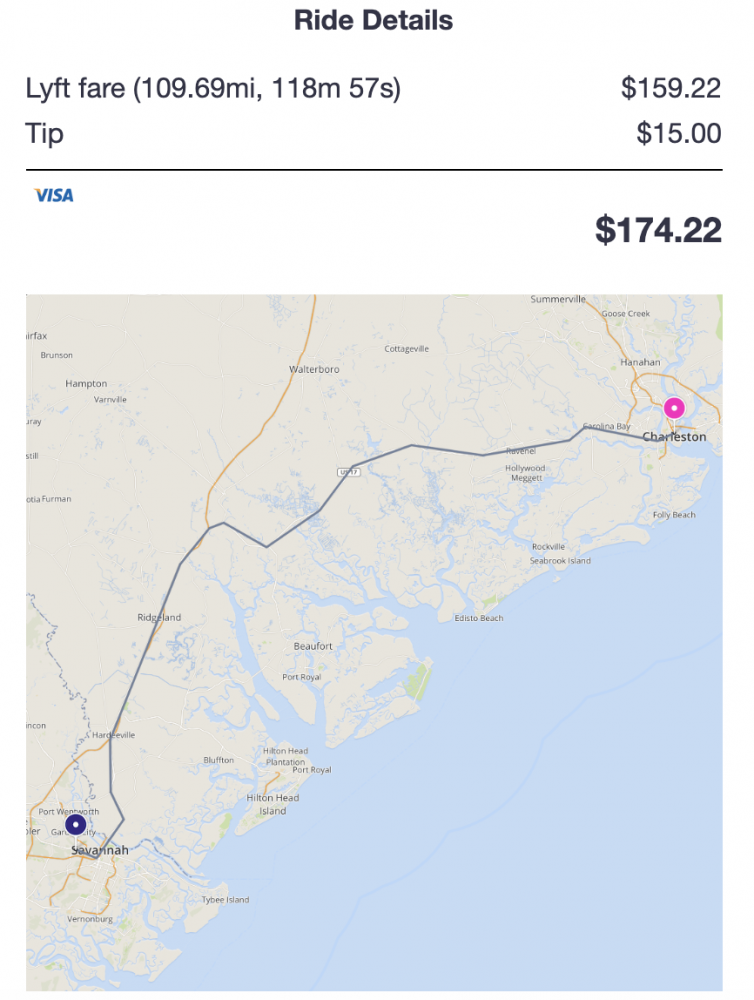 Lyft receipt showing fare, tip , total, and map of route from Savannah to Charleston