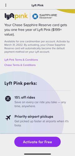 Screenshot of the Lyft Pink enrollment screen for the Sapphire Reserve credit card